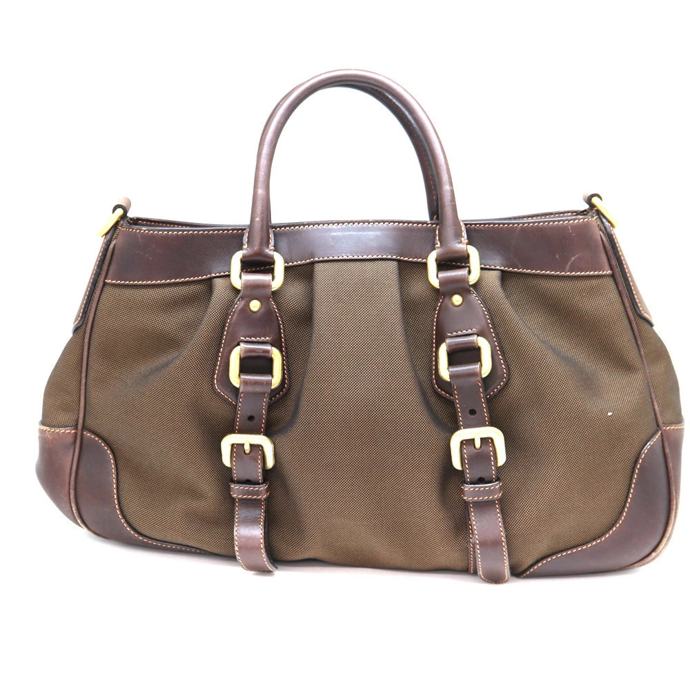 Prada Logo Jacquard Handbag Brown Canvas Leather - Picture 2 of 6